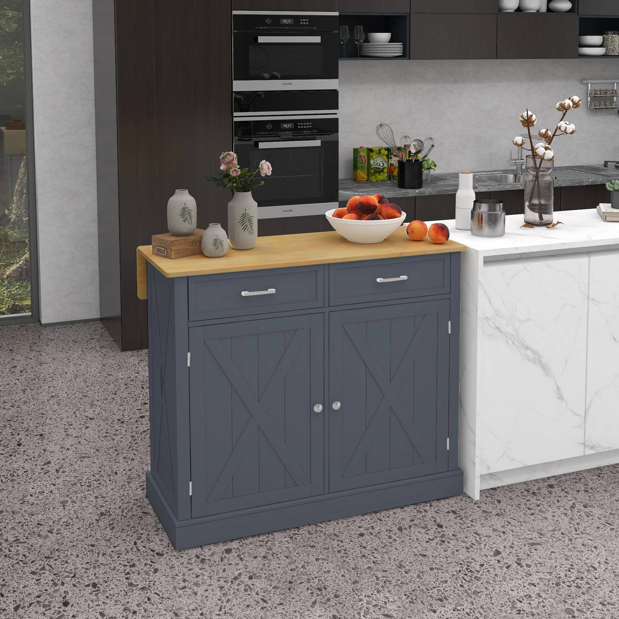 Rolling Kitchen Island with Drop Leaf Wood Breakfast Bar, Farmhouse Kitchen Cart with 2 Drawers, Adjustable Shelves for Dining Room, Dark Gray