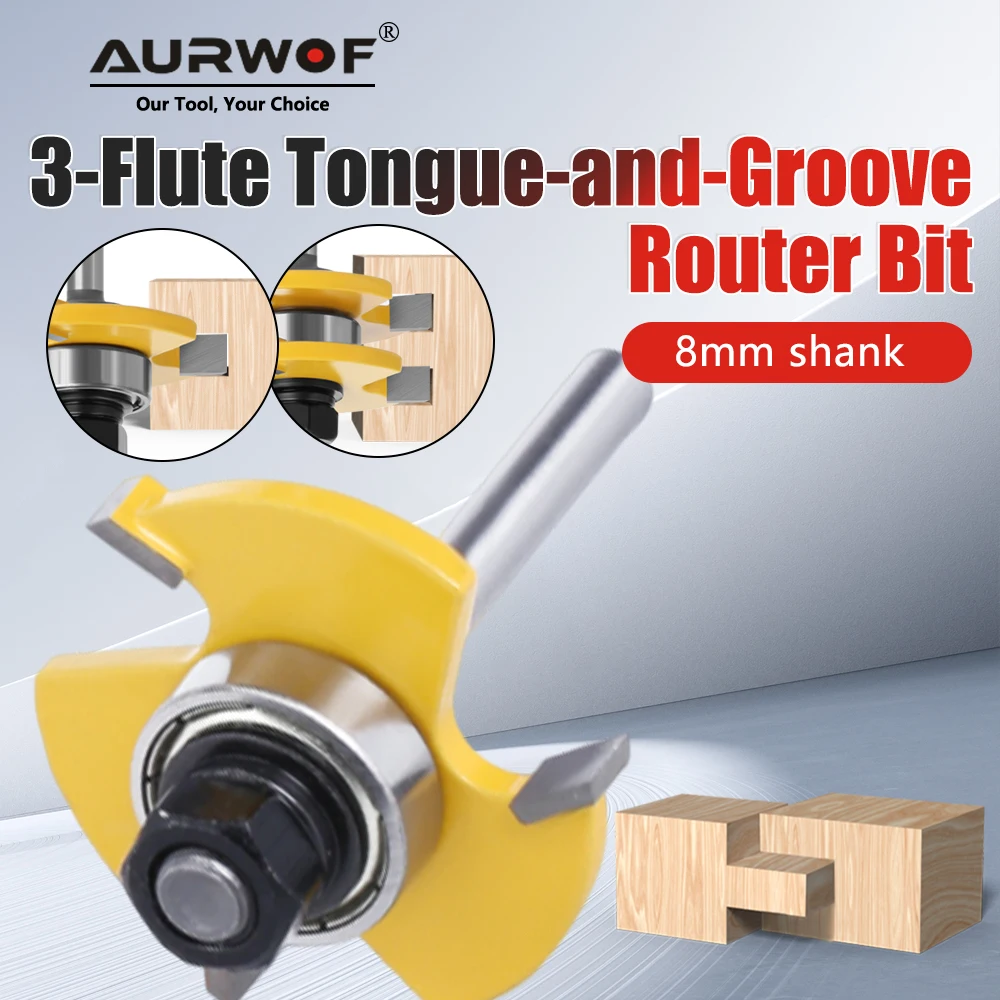 AURWOF 8mm Shank 47mm T-Slot Tongue And Groove Router Bit, 3-Wing Bearing Guided Milling Cutter For 1/4