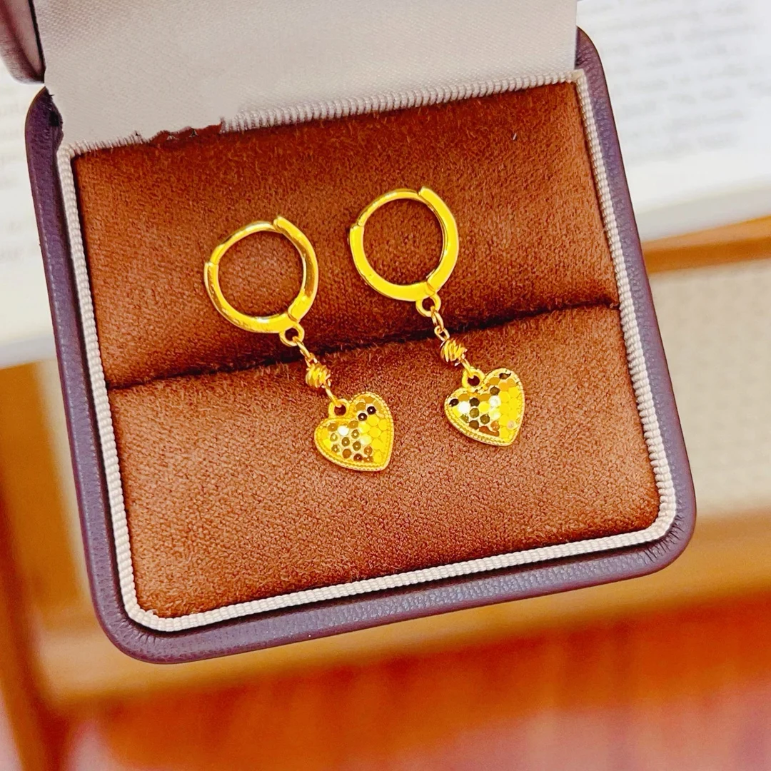 Versatile Double Heart Dragon Scale Gold Stud Earrings Women 24K Gold AU999 Suitable for All Outfits