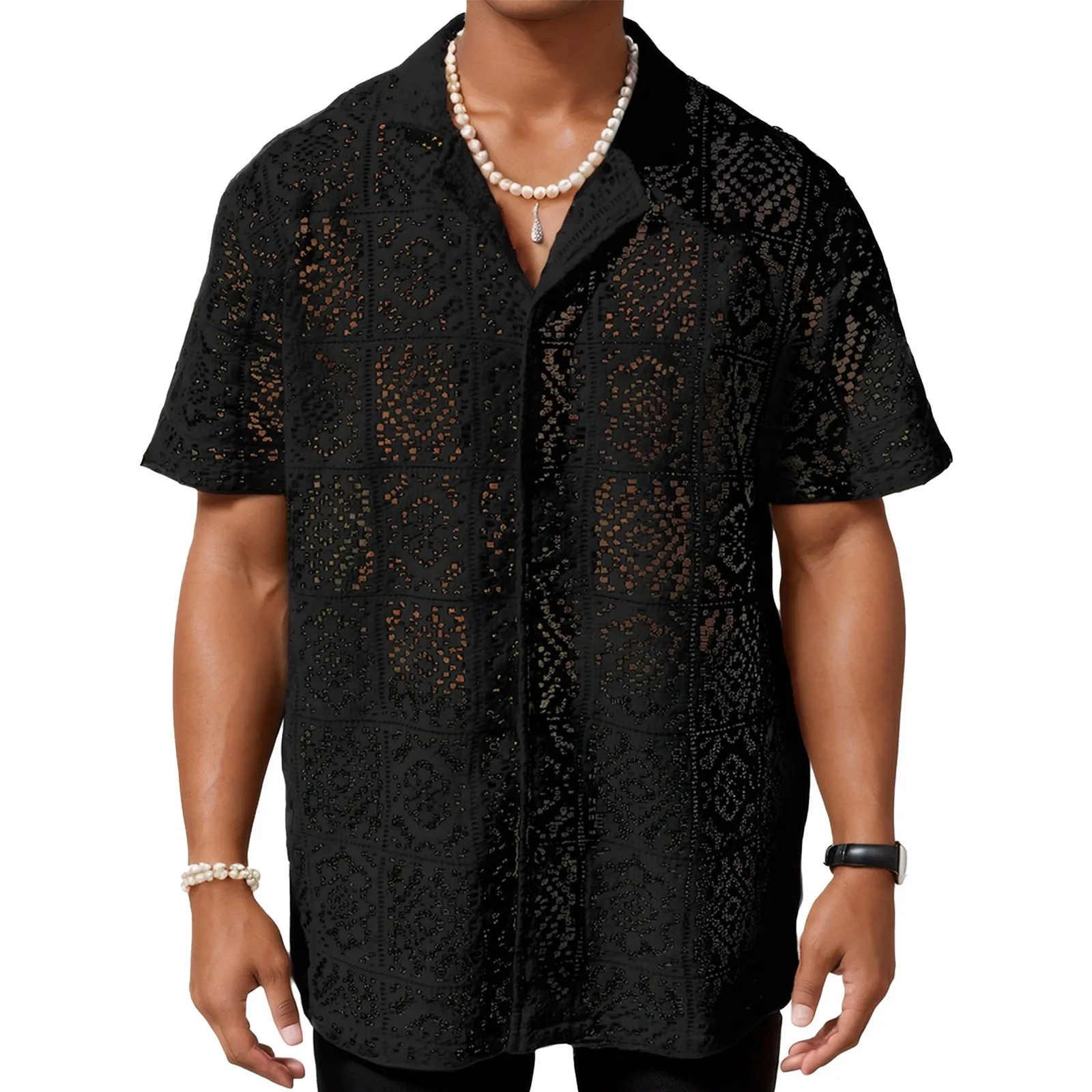 

Casual Shirts For Man Lace Short-Sleeved Shirt With See-Through Button Holiday Hollowed-Out Top Men'S Clothing Solid Polo Shirt