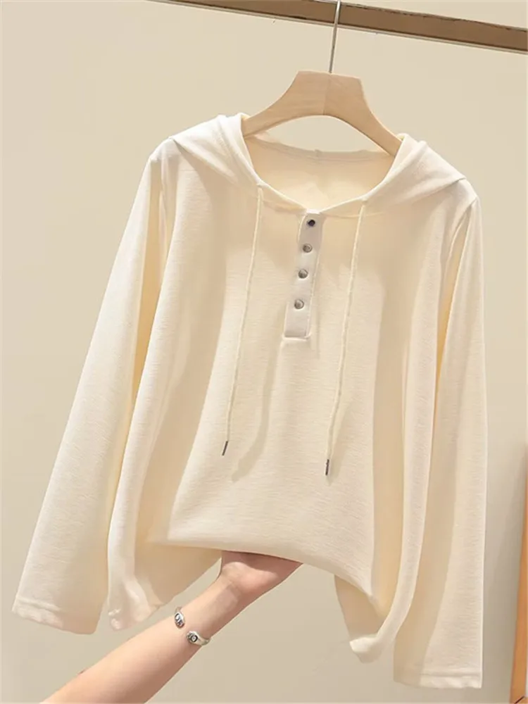 Plus Size Women's Spring And Autumn Loose Hooded Sweatshirt Long Sleeve Solid Color Pullover Solid Color Stretch Knit T-Shirt