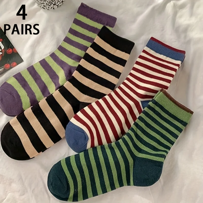 4 Pairs Women Color-Block Striped Mid-Calf Socks Vibrant Neutral Tones, Soft Durable Fabric Trendy Breathable Daily Essentials