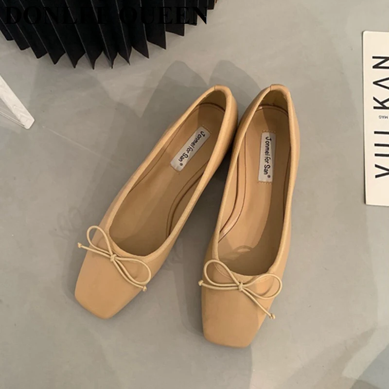 French Square Toe Bow Flats Shoes 2023 New Autumn Shallow Fairy All-match Gentle Office Dress Low Heels Pumps Female Ballerina