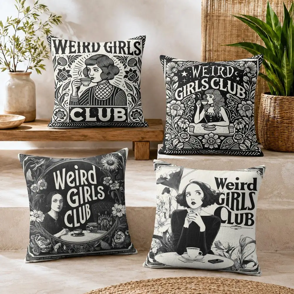 Weird Girls Club RETRO Cushion Cover Natural Linen Organic Fabric Double-Sided Printing Breathable For Decor