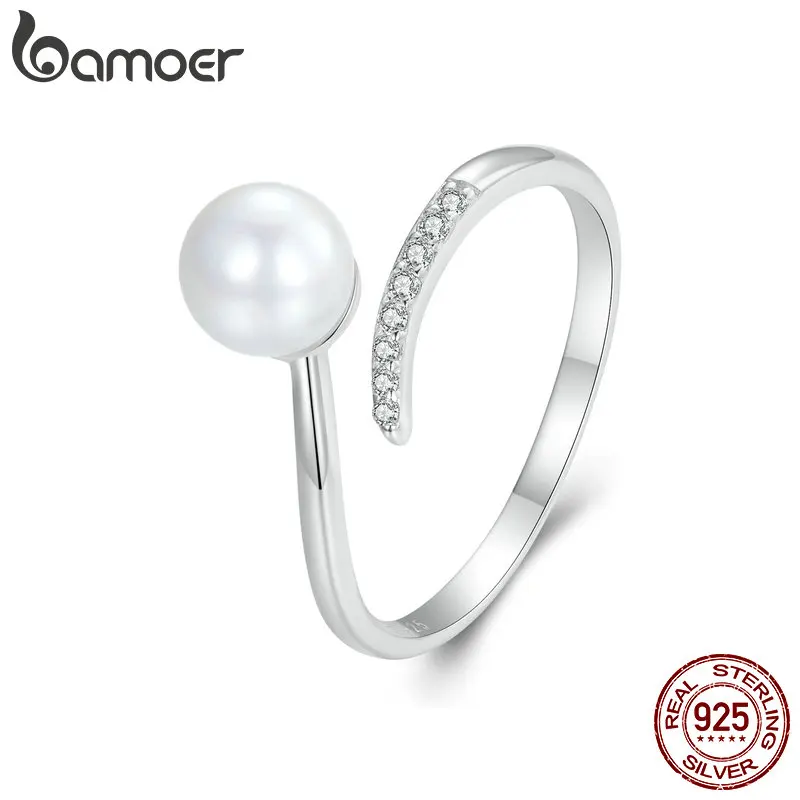 Bamoer 925 Sterling Silver Quality Shell Pearl Opening Ring Zircon Adjustable Ring Elegant Fine Jewelry for Women BSR497-E