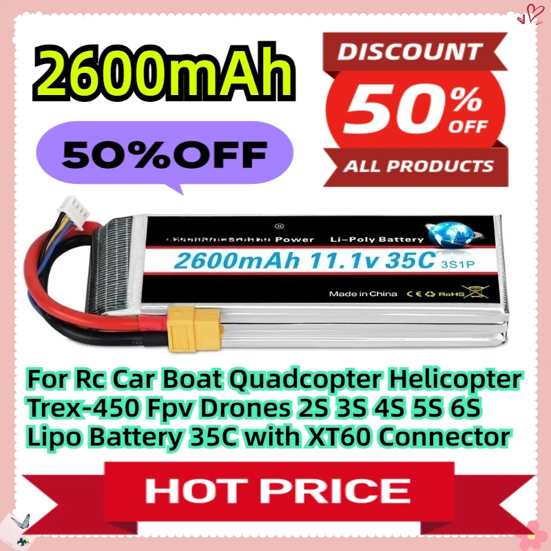 

For Rc Car Boat Quadcopter Helicopter Trex-450 Fpv Drones 2S Lipo Battery 2600mah 35C with XT60 Connector