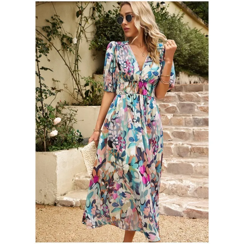 2025 Elegant High Quality Design summer long Dress Waist Cinching V-neck Print Elastic Waist Maxi Dresses for Women Clothing