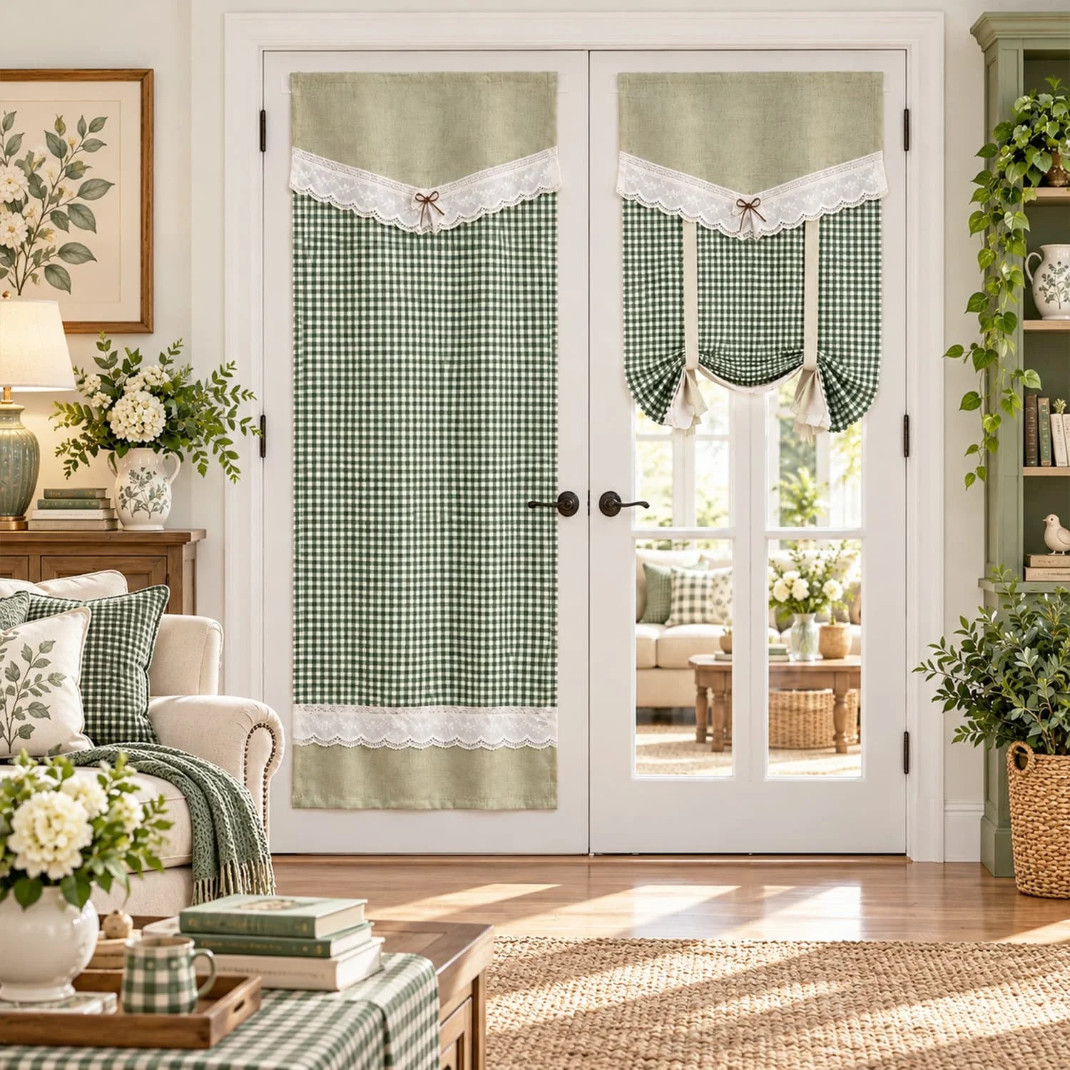 1PC Pastoral Green Lattice Lace Stitching Door Curtain, ‌Adhesive Fastening Tape‌, for Living Room, Kitchen, Study Partition