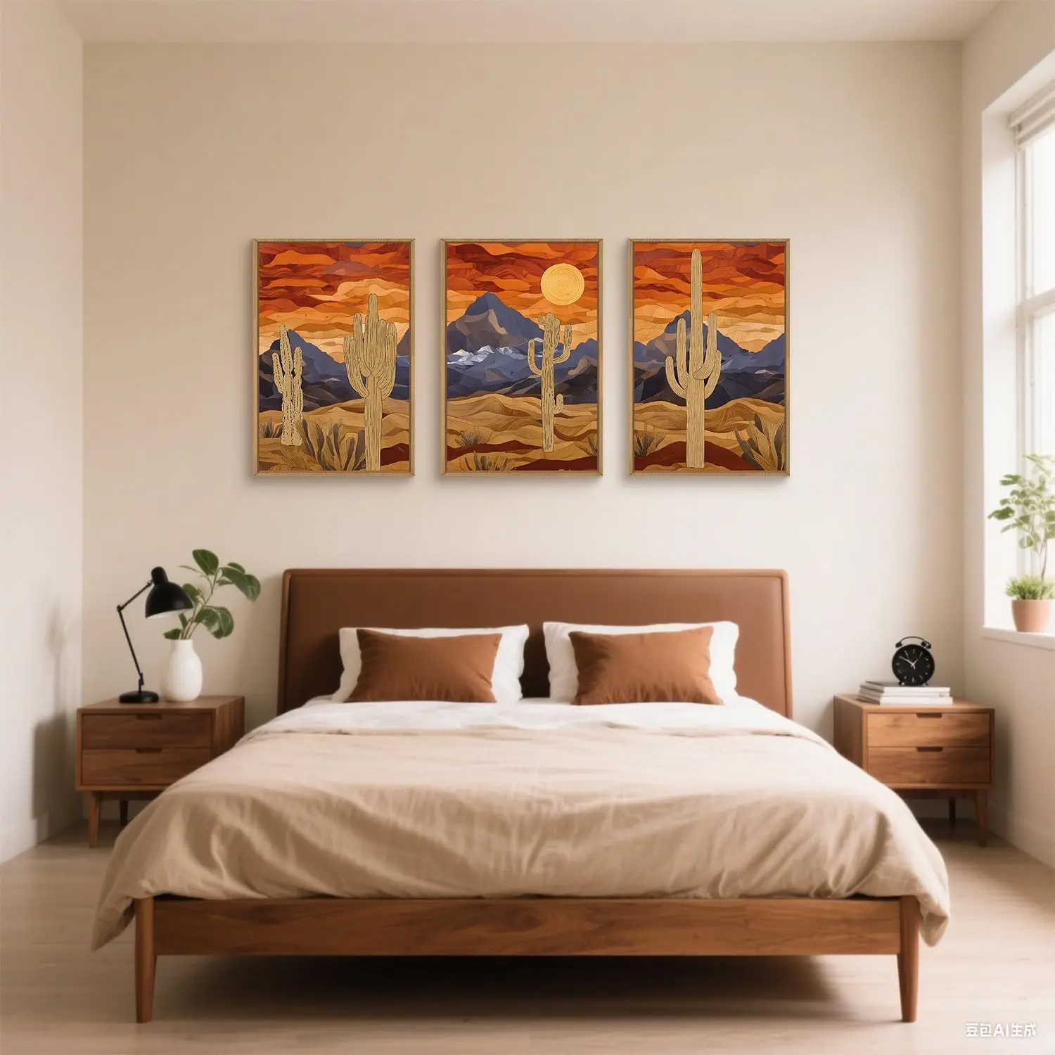 3pcs/Set Desert Canvas Wall Art Abstract Sun Cactus Painting Artworks, Simple Living Room, Bedroom