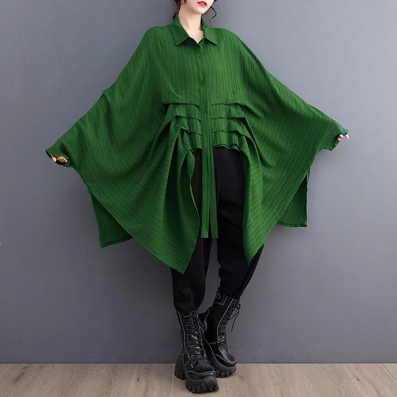 #2801 Black Green Irregular Shirt Women Batwing Sleeve Loose Long Streetwear Hip Hop Womens Tops And Blouses Folds Korean Style