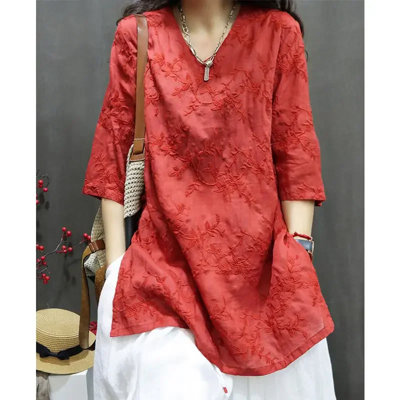 

Summer New Pullover Blouse Tops Women Ramie Embroidery Vintage Casual Shirt Loose Female V-Neck Seven Points Sleeve Shirts T1408