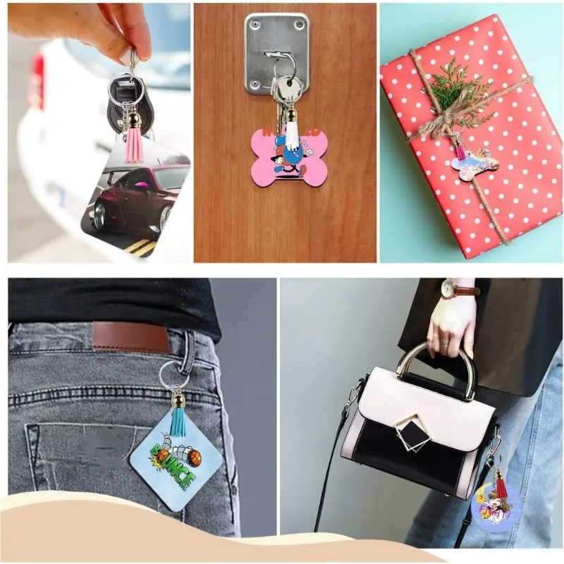 1 Set Fashion Wood Keychain Blanks Round/Square/Bone Shape Heat Press Transfer Double-sided Printing Keychain Blank Tassel