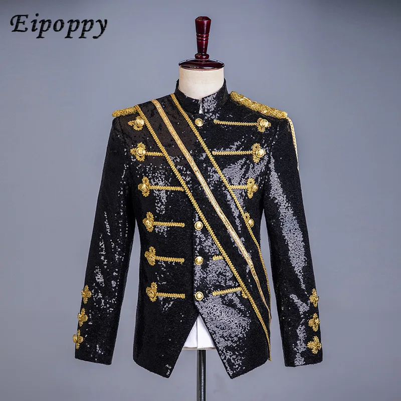 Black Paillette Stylist Men\'s Nightclub Gold Inlaid Performance Uniform Military Uniform Performance Dress