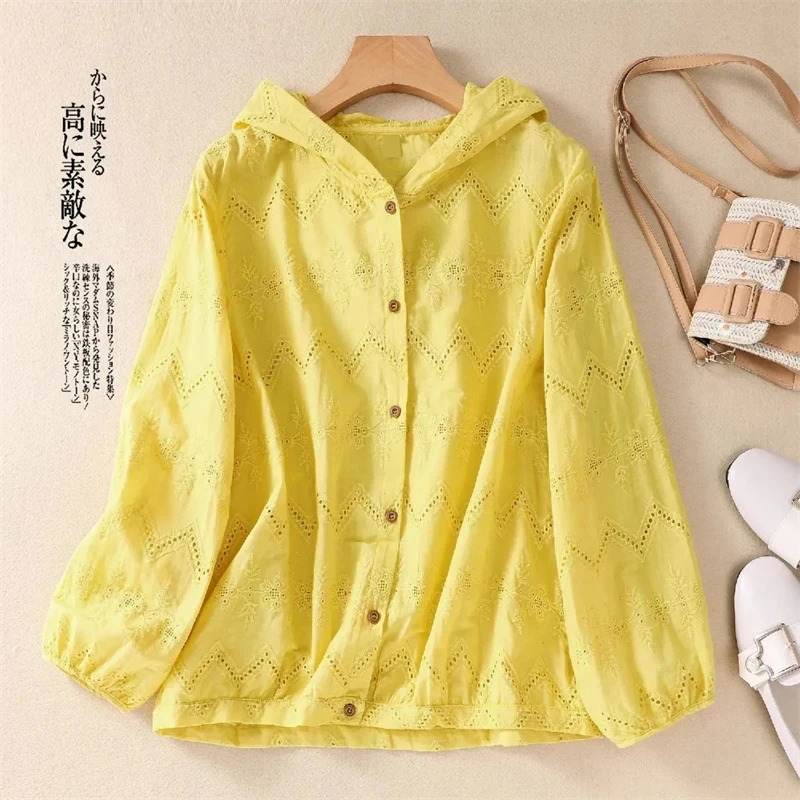 

2024 Summer Women Hooded Sunscreen Clothes Hollowing Out Jacquard Female Short Jacket Cotton And Linen Ladies Sunscreen Clothes