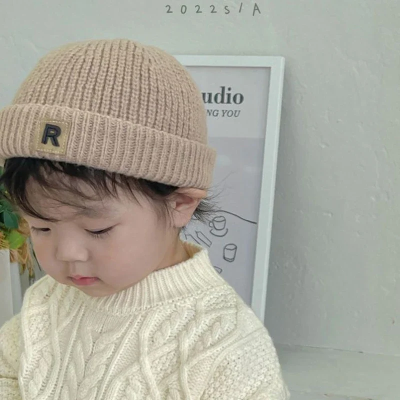 Solid Color Letter Baby Knit Hat Winter Warm Boy Girl Knitted Cap 0-5year Kids Vintage Dome Brimless Docker Cap