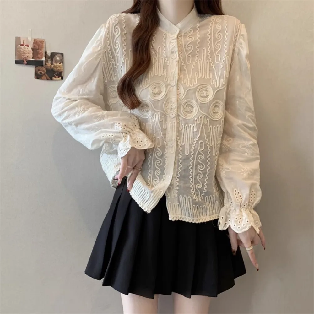 Vintage doux lourd décontracté à manches longues femmes chemise broderie printemps nouveau tout-match Blusas chemises littéraires exquises