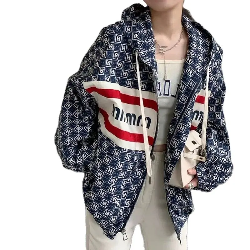 

Spring Summer Thin Money Hooded Sunscreen Coat 2024 New Fashion Loose Letter Printing Jacket Sunscreen Shirt Outerwear Female