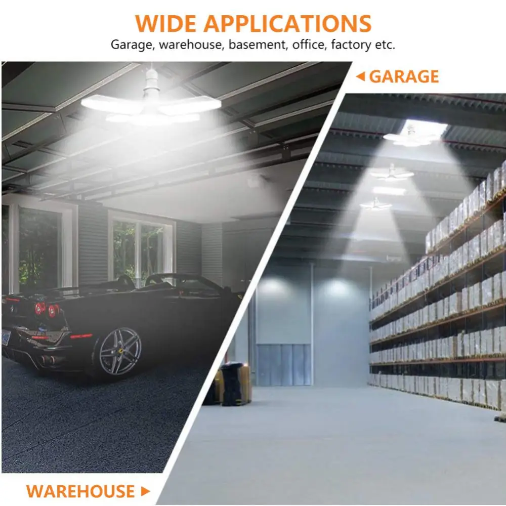 E27 Bulb LED Garage Light Bulb Foldable Fan Blade 38W 52LED White Light Energy Saving Ceiling Lamp Industrial Lighting Lampada