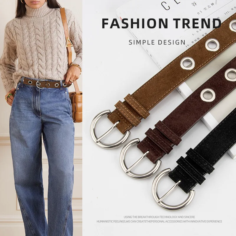 Women's Punk Style Genuine Leather Belt, Matte Finish, Fashionable & Versatile, Trendy Waist Strap for Jeans Decoration