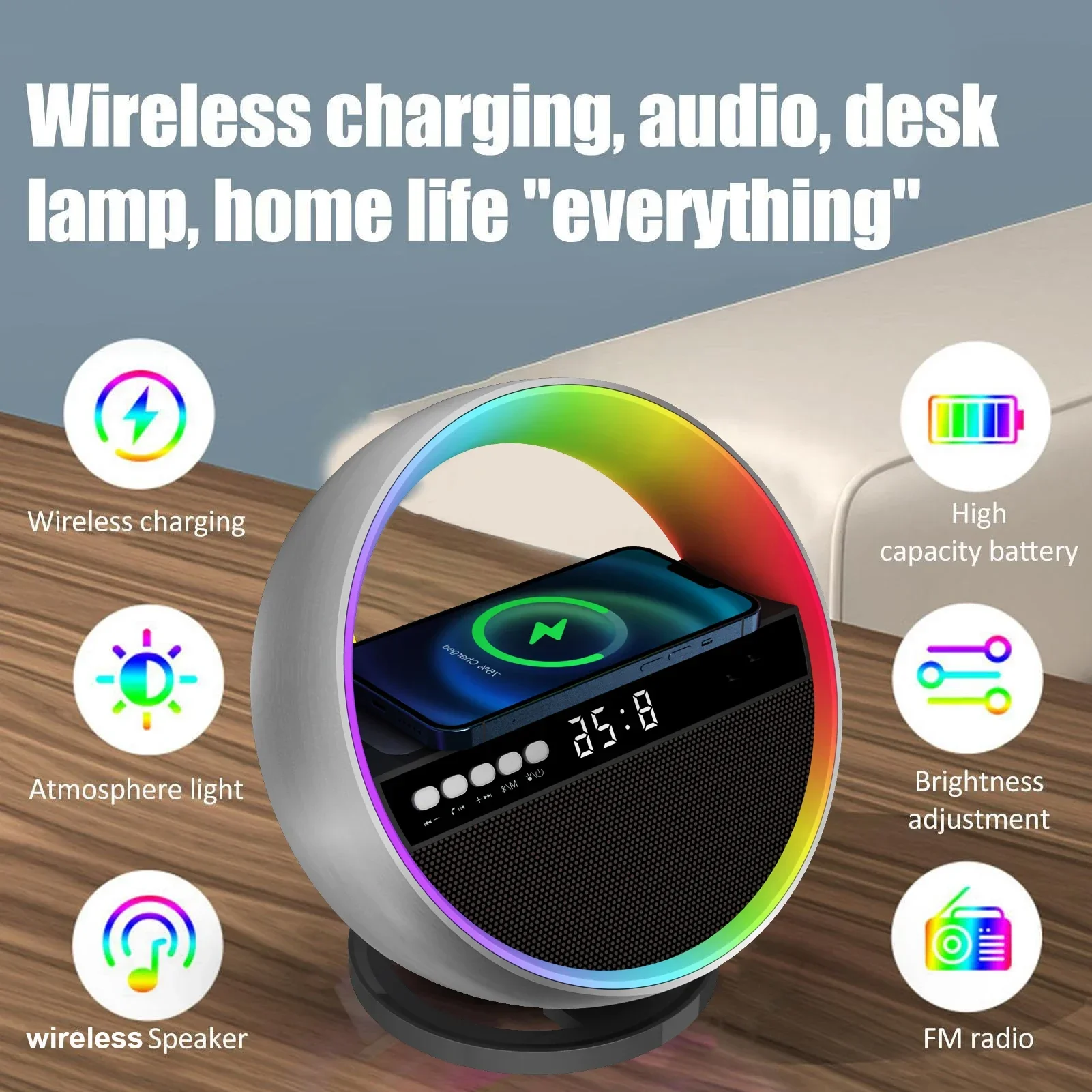 

G5 Bluetooth Speakers 10W Mobile Wireless Charger RGB Subwoofer Music Rhythm Light Multi Functional Speaker Supports FM TF