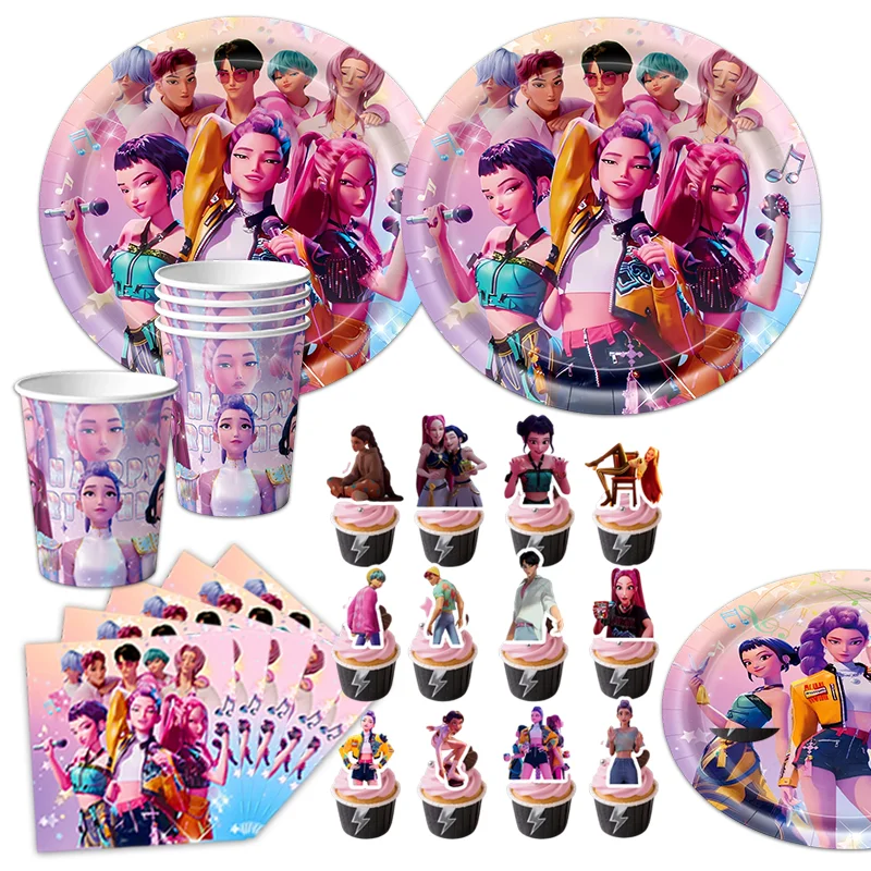 Kpop شيطان هنتر حفلة عيد ميلاد الديكور مجموعة أدوات المائدة ورقة كأس لوحة خلفية مفرش المائدة بالون لمستلزمات الحدث الحفلات