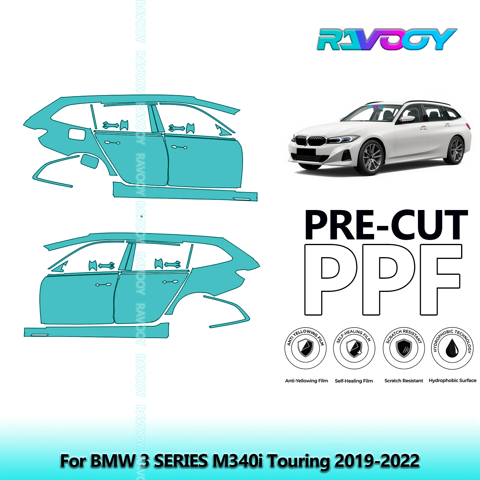 

For BMW 3 SERIES M340i Touring 2019-2022 8.5mil Clear Matte Pre-Cut PPF Door & A/B Pillar Kit TPU Paint Protection Film Set