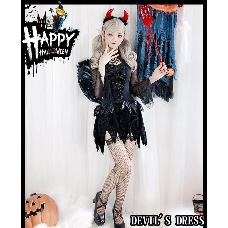 هالوين زي الكبار الإناث الملاك شيطان الأسود تأثيري الساحرة مصاص دماء العروس الجدول أداء زي الخصر Cinching اللباس