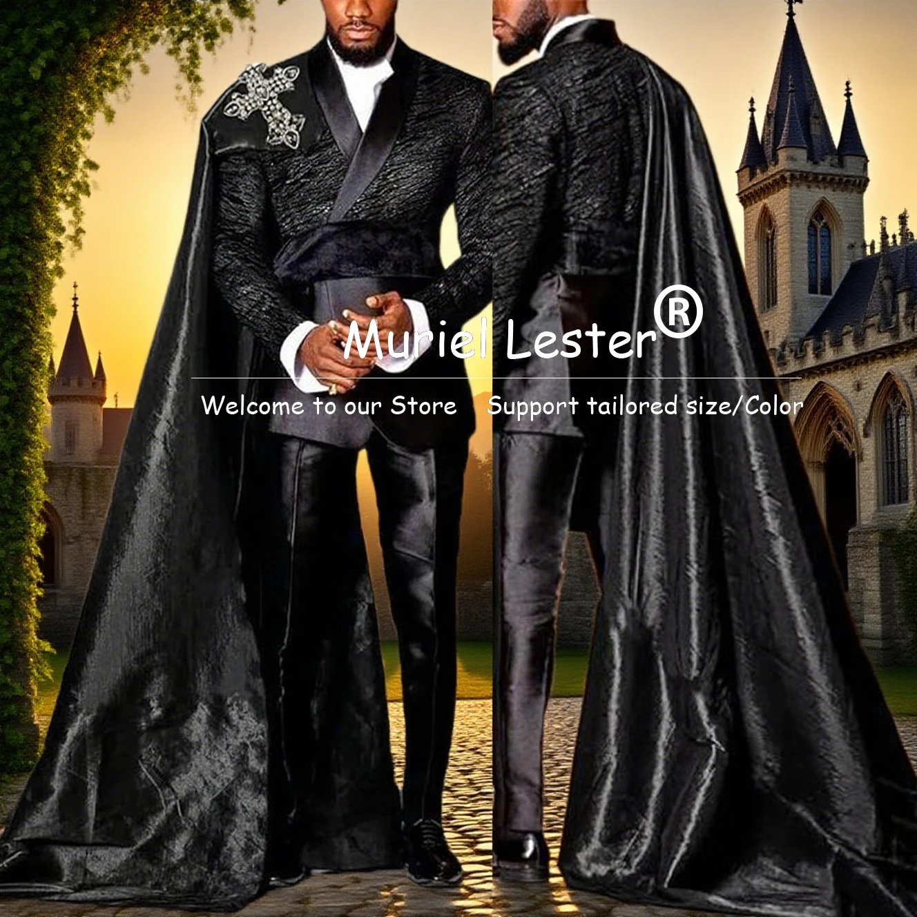 Male Fashion Wedding Suits For Men Jacquard Pattern Groom Blazers With Cape Customized 2 Pieces Sets Man Banquet Tuxedos Luxury