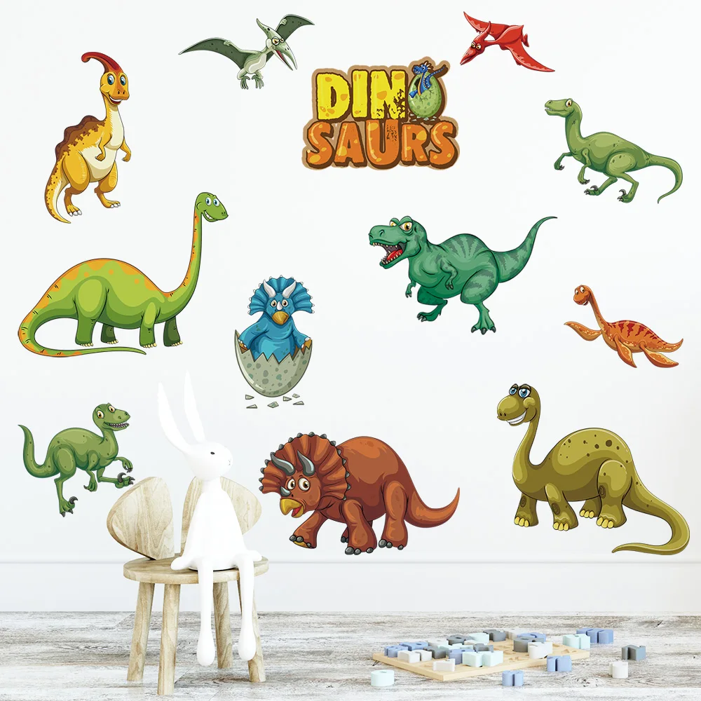 Large Cartoon Wild Dinos Dinosaur Wall Stickers for Nursery Bedroom Decor Study Room Decals Removable PVC Self-adhesive Murals