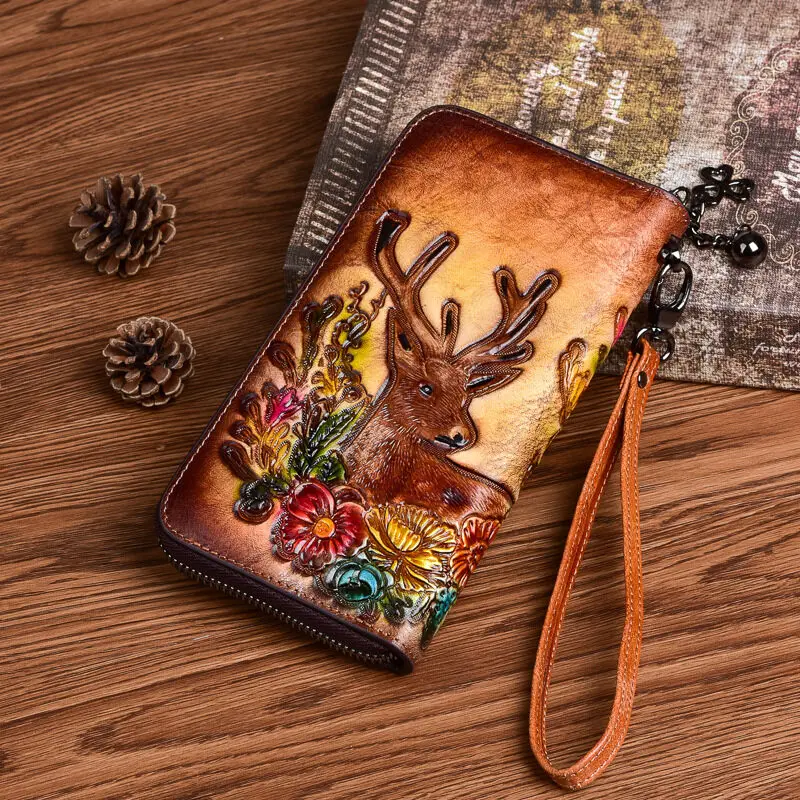 Vintage Women Long Zippe Wallets Deer Pattern Clutch Bag Genuine Leather Handmade Embossing Ladies Wallet Woman Purse