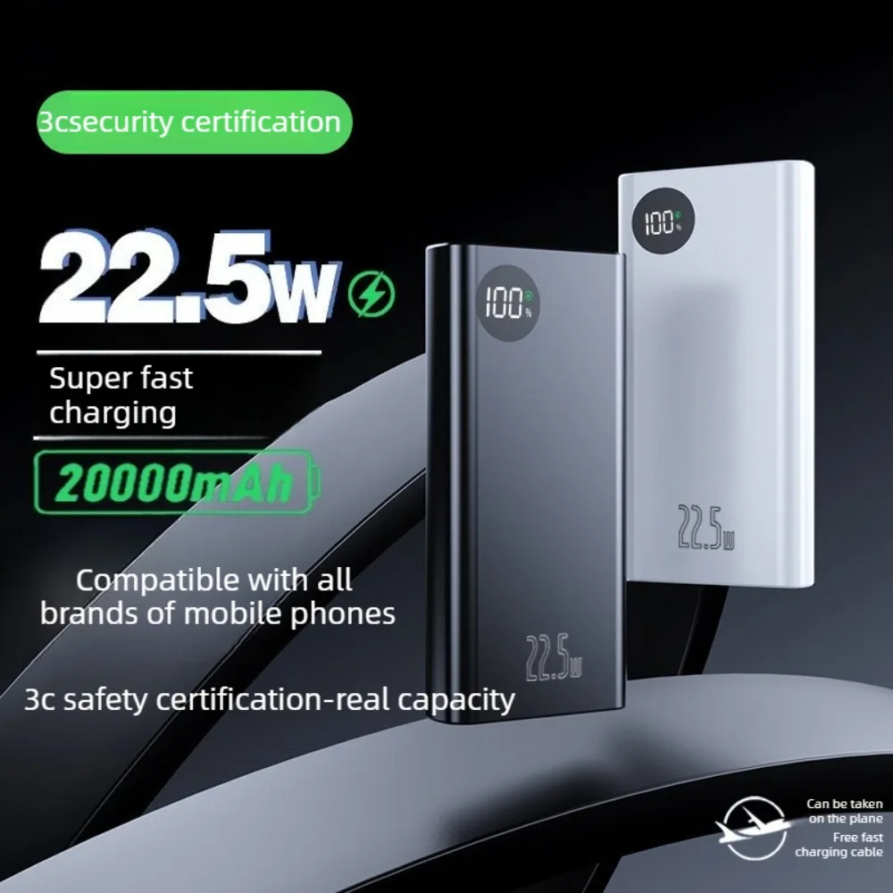 20000mAh 22.5W Fast Charging Power Bank Built-in 3 Cables Portable Universal External Battery