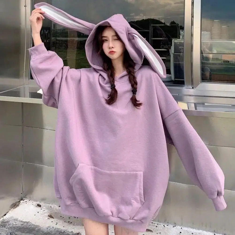 Women Hooded Top Cozy Bunny Ear Hoodie for Women Warm Pullover with Elastic Cuffs Sport Top for Fall Winter Cozy Oversized