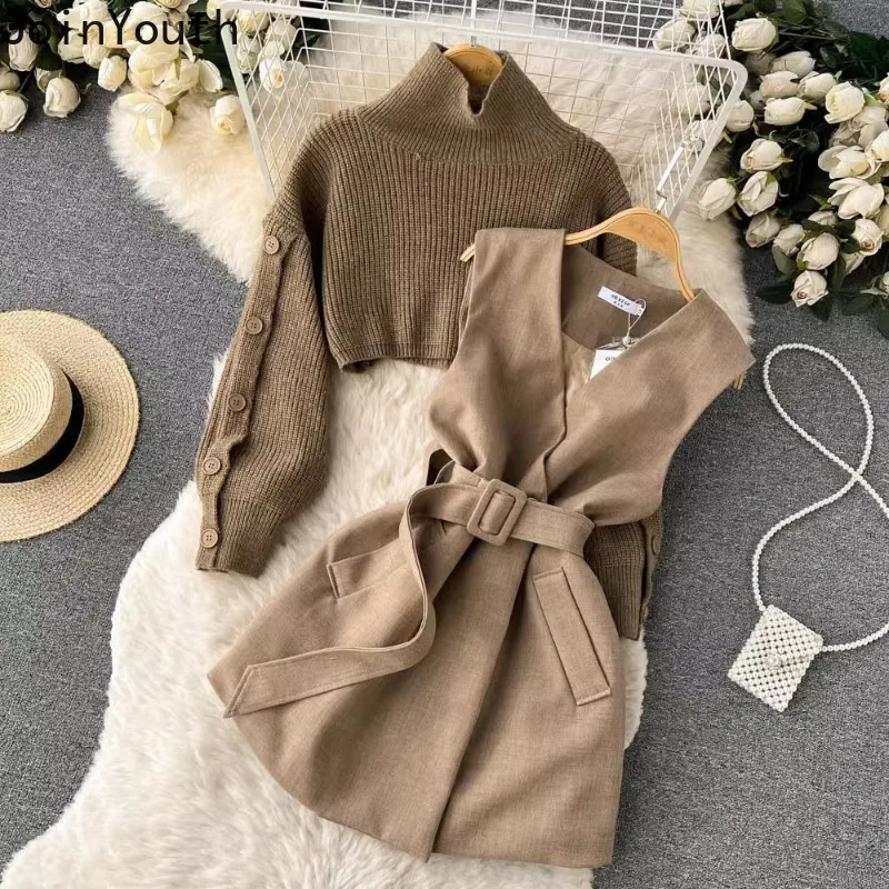 Korean Women Clothing Two Piece Sets Knitted Turtleneck Cropped Pullovers Slim Waist Mini Dress Outfits Chic Casual Suit 7n232