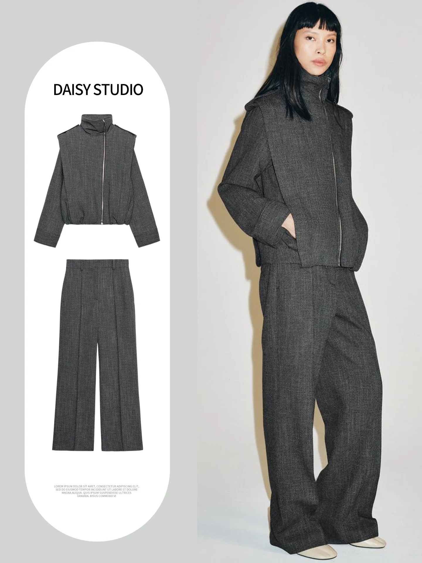 High Waist Gown with Side Zipper Jacket Long Sleeve Stand Collar Skirt with Pleated Design Women's Fashion Set Autumn Season