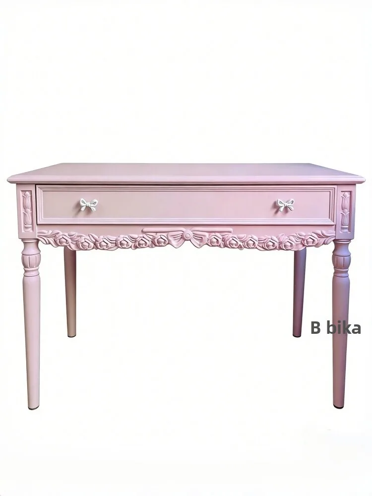 ^French Style Carved Dressing Table Pink Makeup Vanity Desk with Drawer for Bedroom