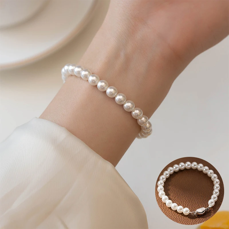 

100% 925 Sterling Silver Pearl Geometric Bracelet for Women Girl Smooth Bean Round Design Jewelry Party Gift Dropshipping