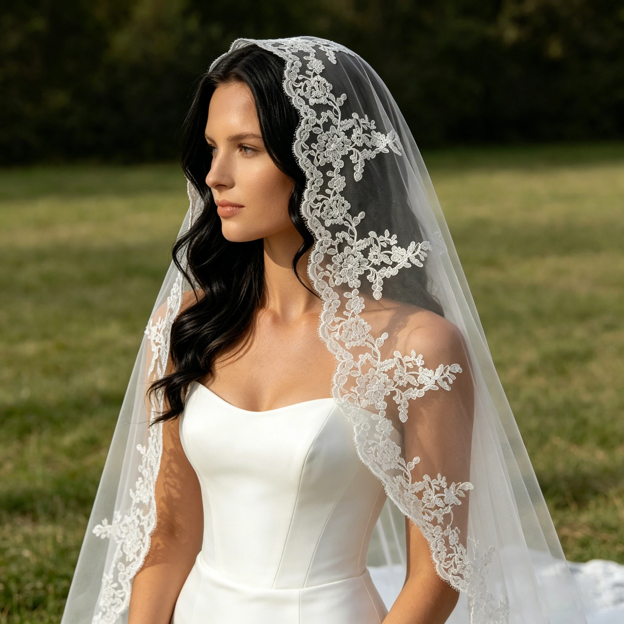 Sweet Bridal Train Veil Lace Edge Soft Tulle Romantic Bride Wedding Accessory with Comb for Church Party Mantilla Headwear G99