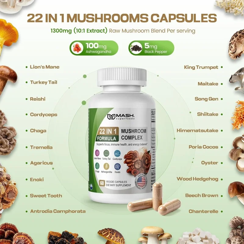 Mushroom Supplement 10 in 1 Compound Immune Support Lion Mane, Ganoderma Lucidum, Turkey Tail, Dancing Mushroom, Mushroom
