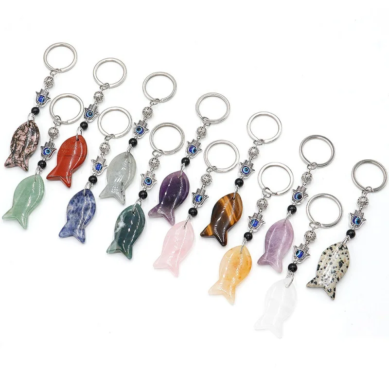 Unisex Retro Crystal Jade Agate Turkey Eye Small Fish Keychain for Couple Gifts Natural Amethyst Pandent Beaded Bag Ornament\