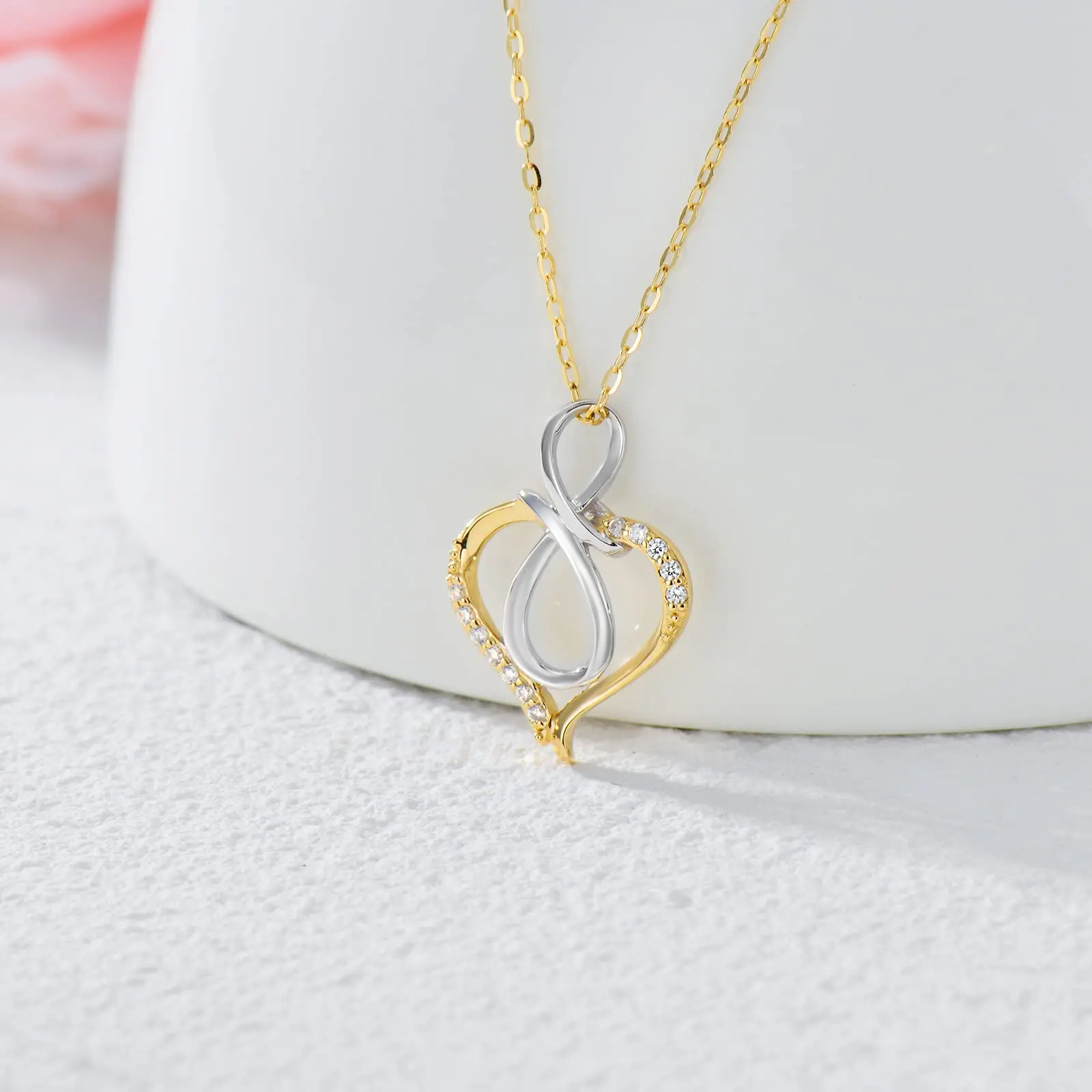 YFN 14K Yellow Gold Nature Diamond Heart Necklace for Women Real Gold Infinity Heart Pendant Necklaces Fine Jewelry Gifts