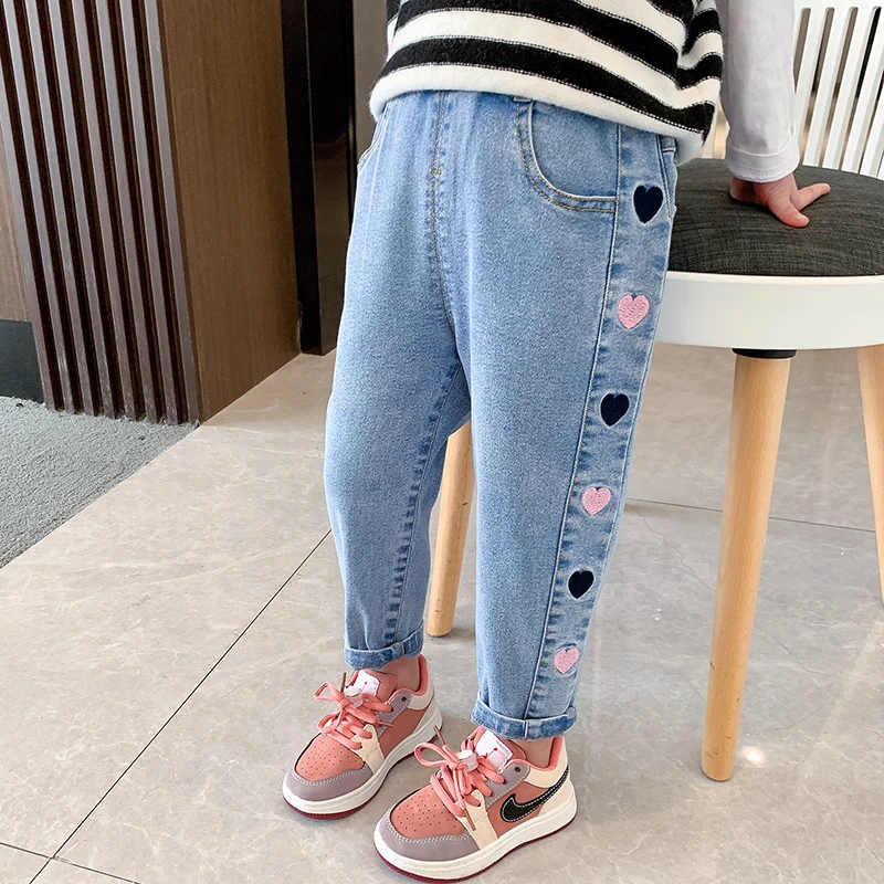 High Quality Jeans for Brand Girls Heart Pattern Kids Long Pants Luxury Design Spring Autumn Boys Pants Cheap Cotton 2022 New