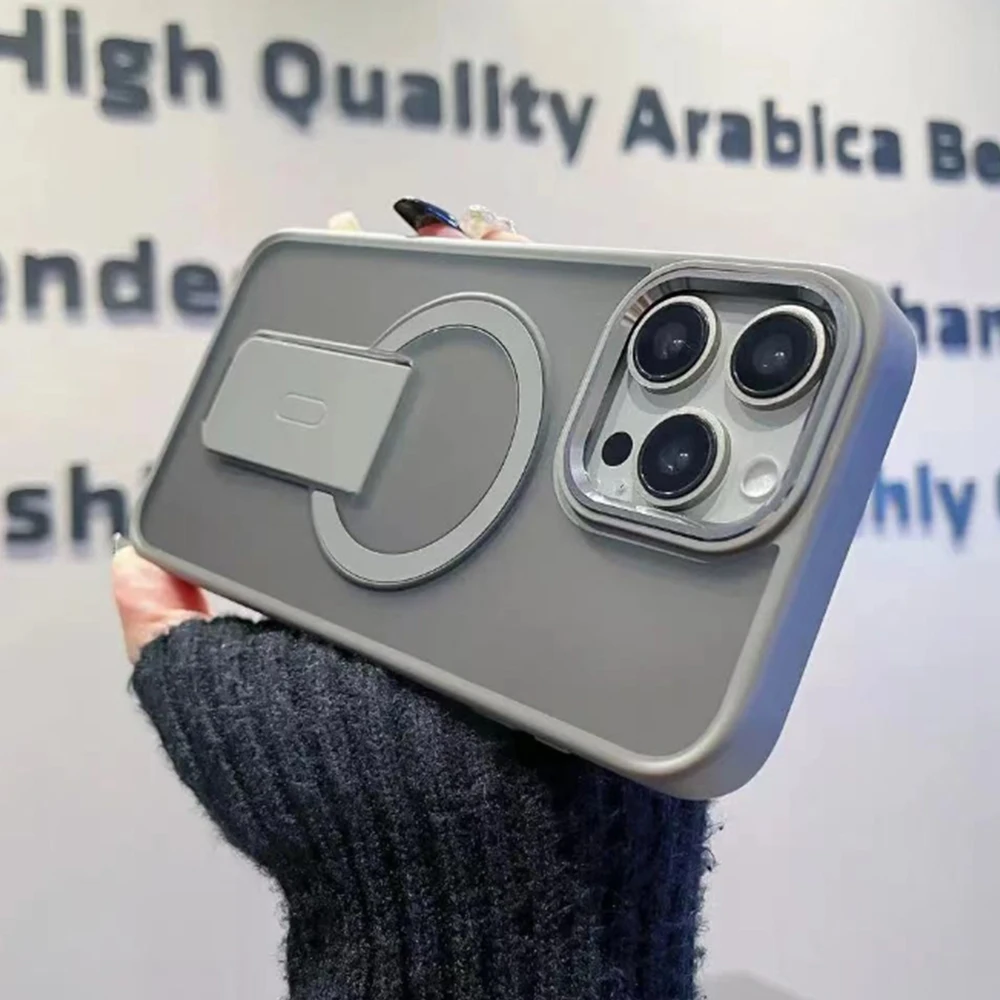 

Invisible bracket magnetic charging phone case for iPhone 16 15 14 13 12 11 Pro Max Titanium Gray magsafe holder hard back cover