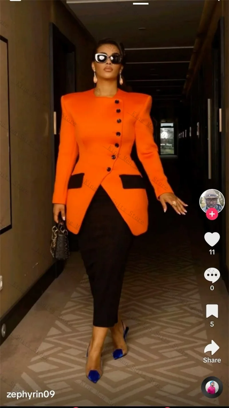 Orange Black Women Suit Skirt Set 2 Pieces Blazer+Prom Dress Cotton Customized Formal Office Lady Jacket Wedding Prom Coat image 2