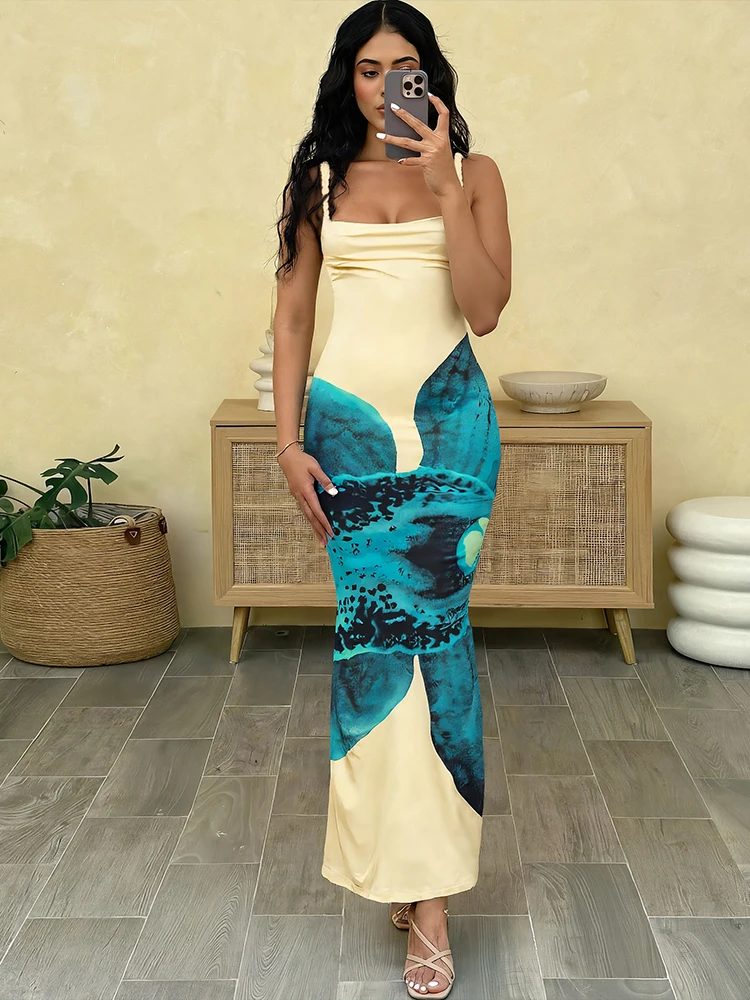 InGrily Fashion Floral Print Maxi Dress Women Twist Shoulder Straps Sexy Backless Skinny Stretch Elegant Streetwear Vestidos