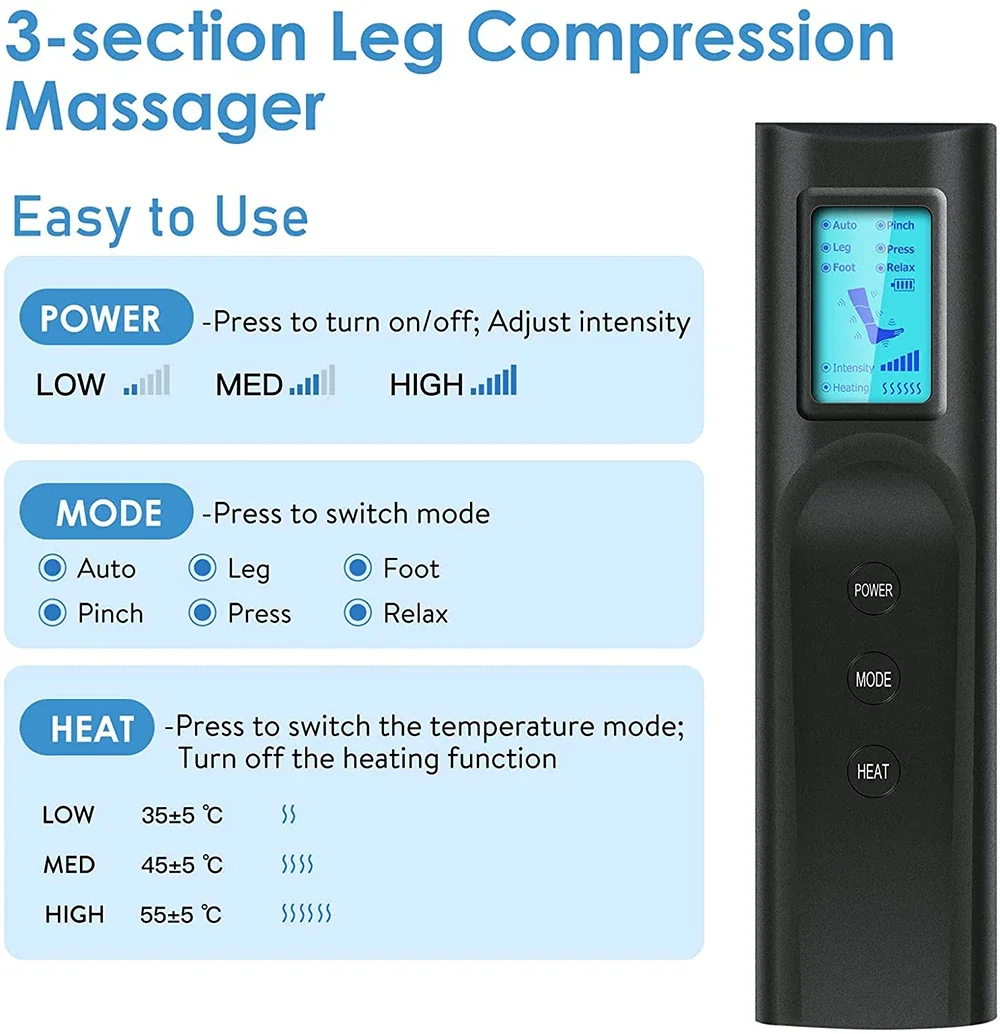 6 Modes Air Compression Foot Fatigue Heating Leg Massager Recovery Boot Lymph Release Relieve Rechargeable Leg Muscle Relaxer