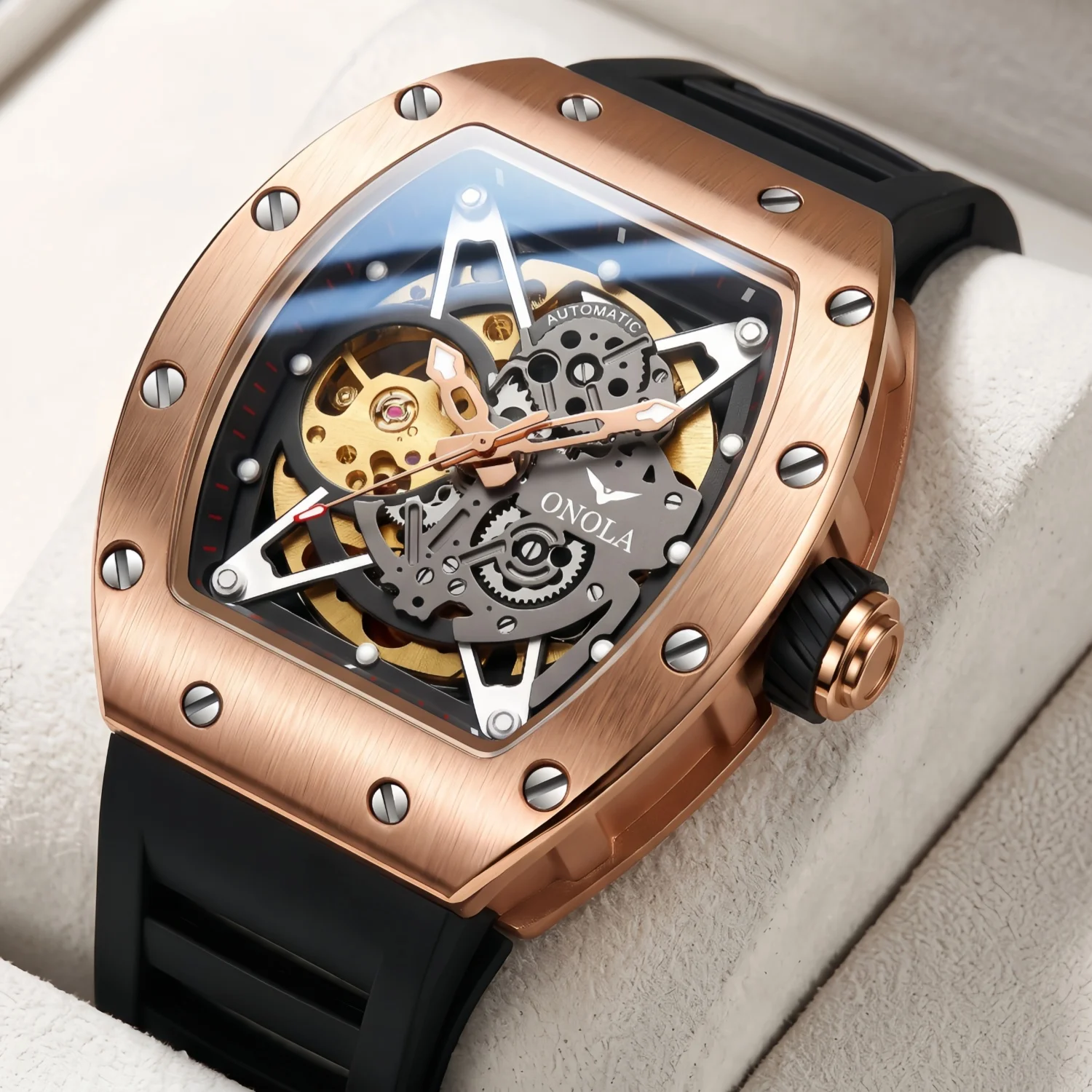 ONOLA Men's Mechanical Watch Alloy Case Silicone Strap Waterproof Night Light Hollow Design Racing Watch, Suitable for Daily