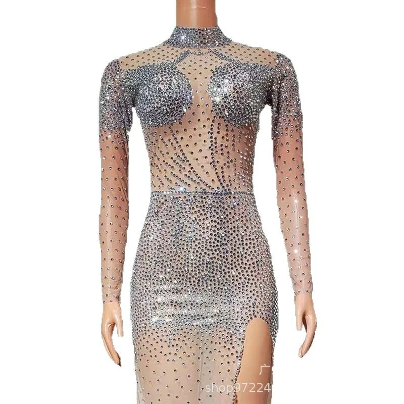 Luxury Rhinestone Glam High Split Dress Party Temperament High Transparent Dress Adult Model Catwalk Trendy Clothes Partykleider
