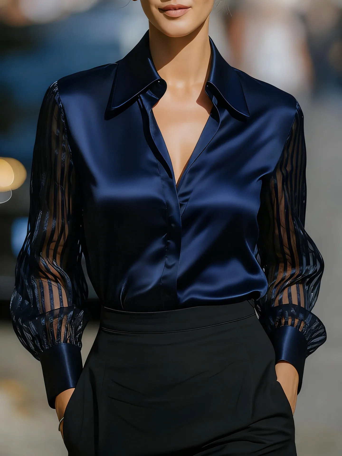 Kemeja Hitam Patchwork Wanita Modis Satin Berlubang Bergaris Lengan Panjang Kancing Cardigan Kantor Putih Atasan Sederhana Wanita