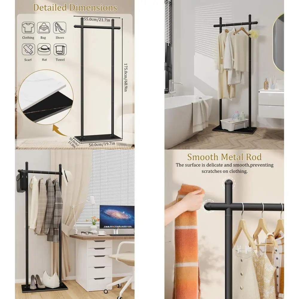 

Freestanding Metal Coat Rack with Natural Rock Base, Industrial Style, 68.9in Tall, Black, for Hanging Clothes and Hats in Home