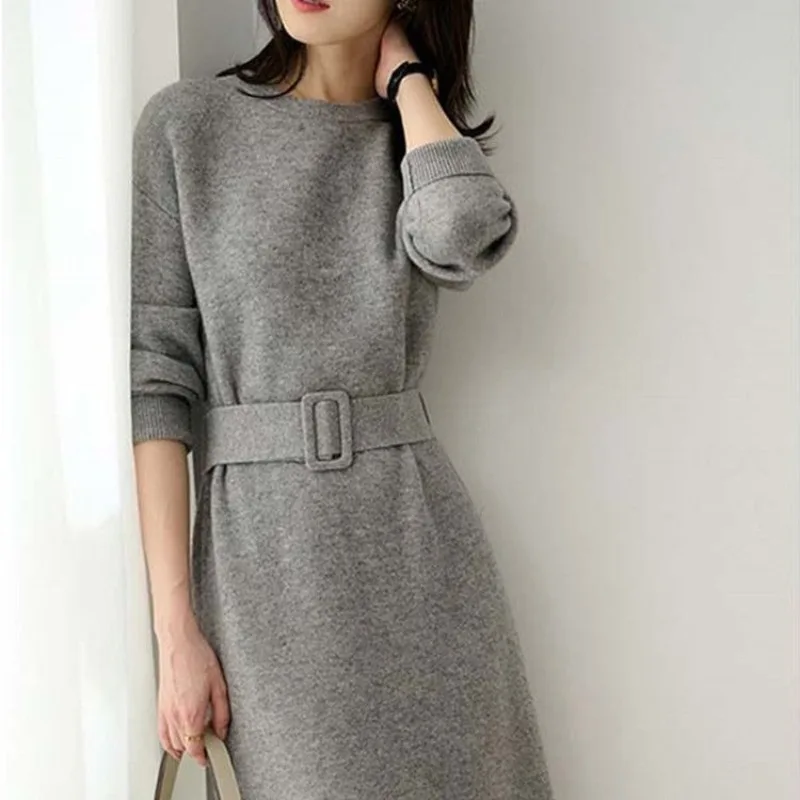 Autumn Winter Women's Long-sleeved Knitted Dress Solid Colour Simple Commuter High Quality Round Neck Waisted Mid-length Dresses